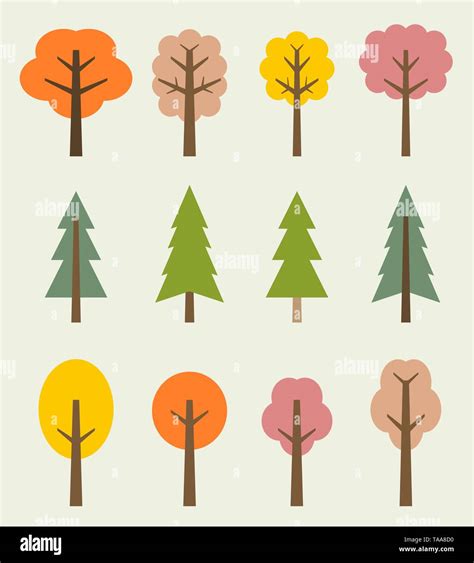 Tree Icon Set Cute Autumn Trees Cartoon Illustration Nature