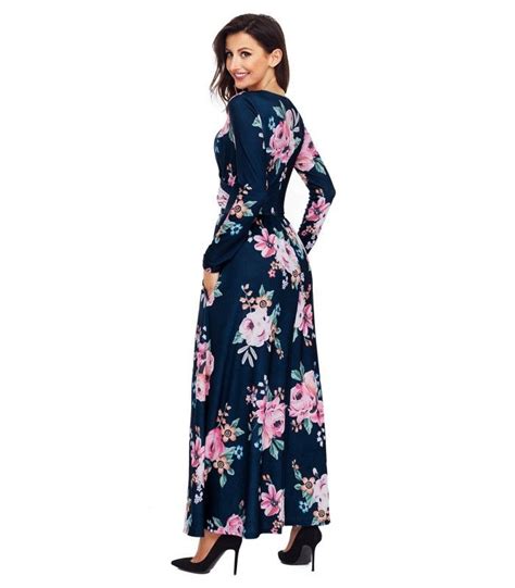 Navy Floral Surplice Long Sleeve Maxi Boho Dress Boho Maxi Dress