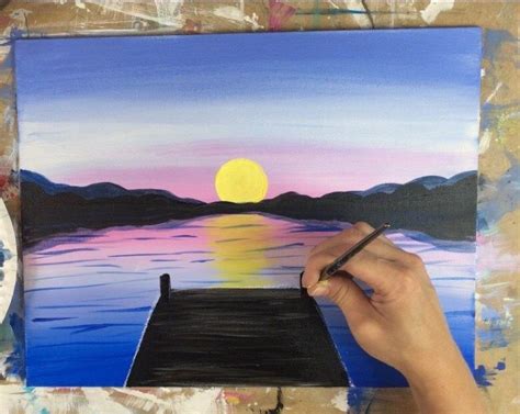 How To Paint A Sunset Lake Pier Step By Step Painting Lake Painting
