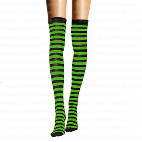 Masquerade Costume Hire Green And Black Stripe Thigh High Stockings