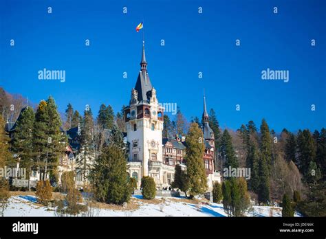 Peles Castle Sinaia Romania Winter Scene With Bucegi Mountains In