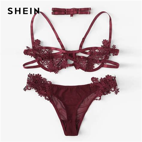 Shein бордовый сексуальный кружевной комплект нижнего белья с