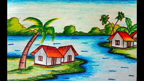 The village market is the old tradition of our country. Village Scenery Drawing With Oil Pastels - scenery