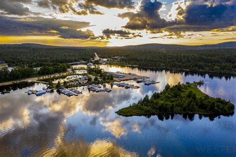 Finland Lapland Inari Aerial View Of Lake Inari At Dramatic Sunset
