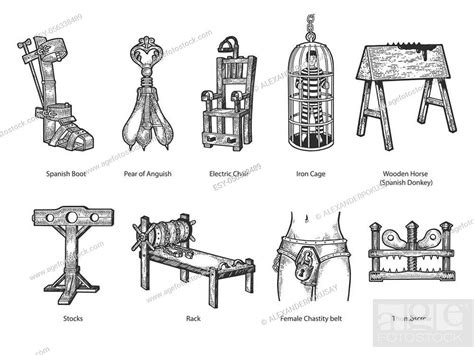 Medieval Torture Device Set Sketch Engraving Vector Illustration Stock