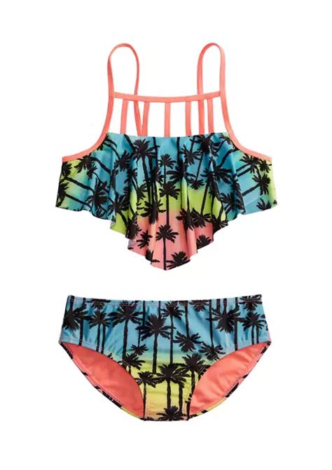 Breaking Waves Girls 7 16 2 Piece Palm Tree Print Flounce Swimsuit Belk