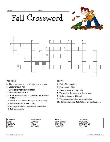 Fall Crossword Puzzle In 2020 Crossword Puzzle