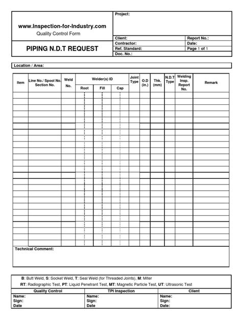Piping Ndt Request Quality Control And Inspection Form