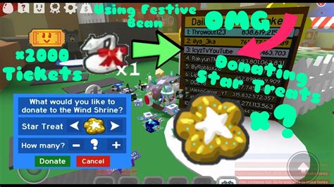 Redeeming them gives prizes such as honey , tickets , gumdrops , royal jelly , crafting materials, wealth clock. Using Festive Bean and Donating Star Treats In Bee Swarm ...