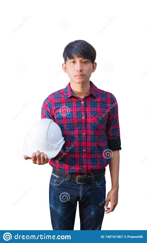 Engineer Hold Safety Helmet Plastic Construction Concept Isolated On