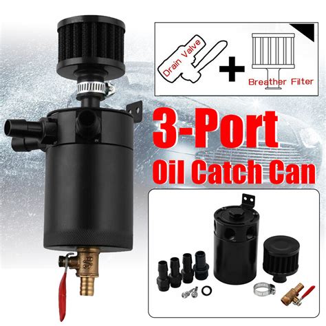 Universal 3 Port Oil Catch Can Tank Reservoir Breather Filter Drain Valve