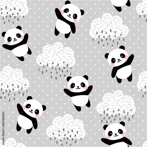 Panda Seamless Pattern Background Happy Cute Panda Flying In The Sky