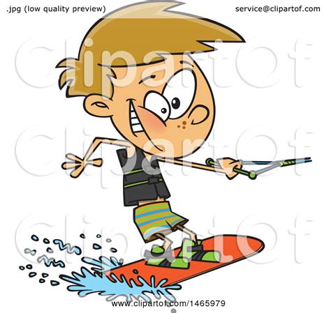 Clipart Of A Cartoon White Boy Wakeboarding Royalty Free