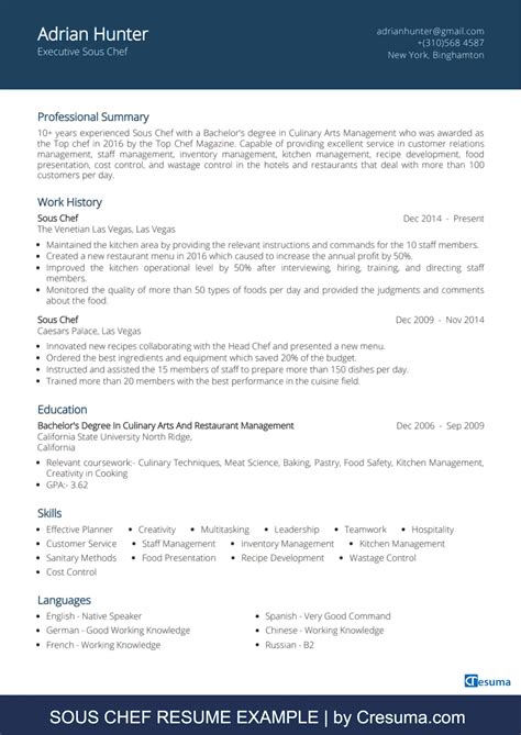 Sous Chef Resume Example And Complete Writing Guide Cresuma