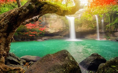 Download Wallpapers Emerald Lake Waterfall Autumn Thailand
