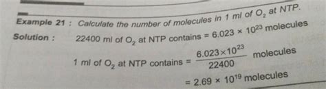 Example 21 Calculate The Number Of Molecules In 1ml Of O2 At NTP Solut