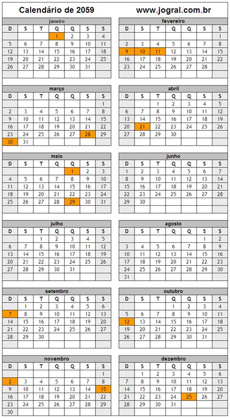 Calendário Do Ano 2059 Para Imprimir Em Formato Pdf E Imagem