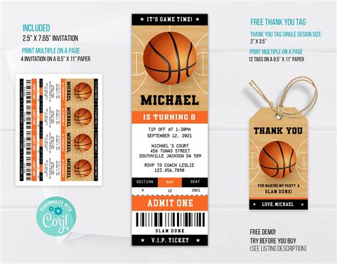 Basketball Ticket Birthday Invitation Basketball Ticket Etsy