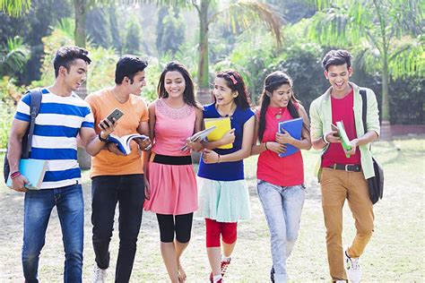 Indian Group College Students Friends Walking Books Studying Talking Park