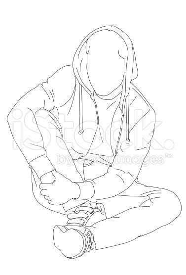 A Line Drawing Of A Male Teenager Sitting With A Hoodie Anime Poses
