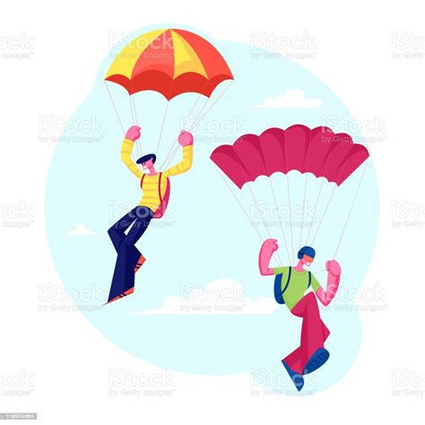 Skydiver Characters Jumping With Parachute Soaring In Sky Skydiving