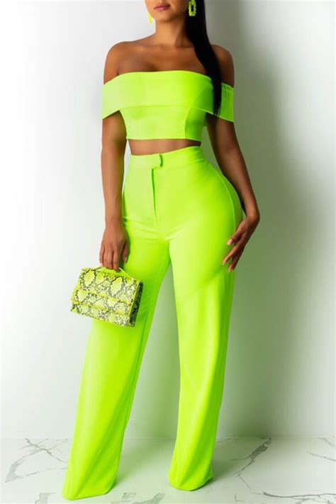 lovely trendy off the shoulder green two piece pants set crop top and pants set two piece