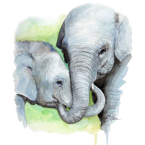 Watercolor Elephant Mom And Baby Elephant Nursery Wall Art Etsy
