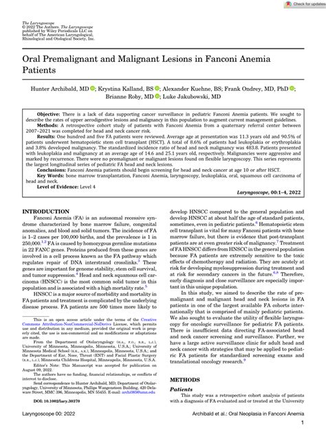 Pdf Oral Premalignant And Malignant Lesions In Fanconi Anemia Patients