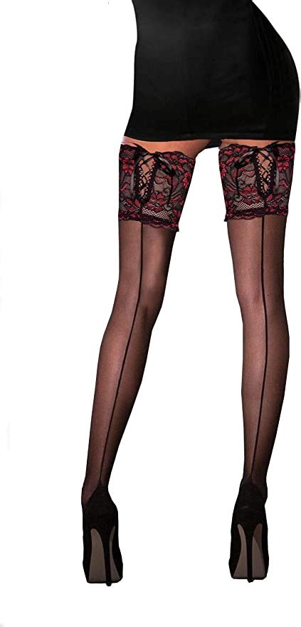 Black Seamed Stockings With Floral Lace Top Uk Clothing