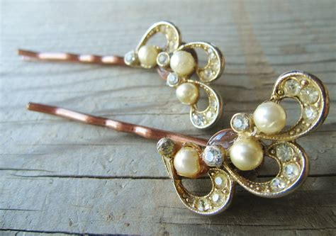 Vintage Jewelry Bobby Pin Set Rhinestone And Pearls
