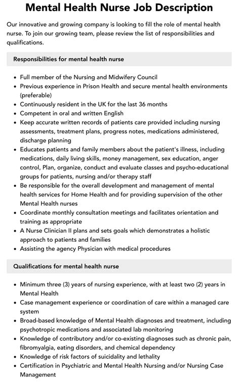 Mental Health Nurse Job Description Velvet Jobs