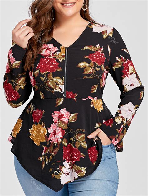 [37 off] plus size asymmetric half zipper floral long sleeve blouse rosegal