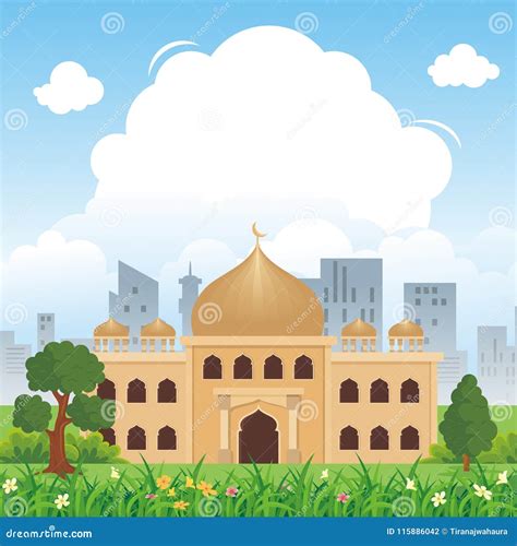 Cartoon Islamic Mosque And Lovely Nature Landscape