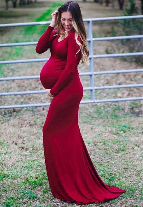 Fitted Maternity Gown Long Sleeve Flare Style Elegant Dress Red