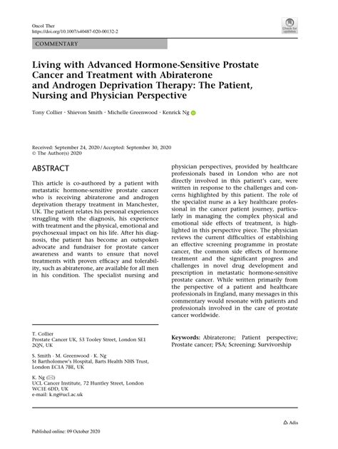 PDF Living With Advanced Hormone Sensitive Prostate Cancer And Treatment With Abiraterone And