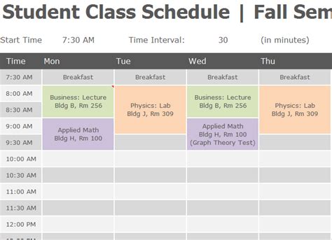 Student Class Schedule My Excel Templates