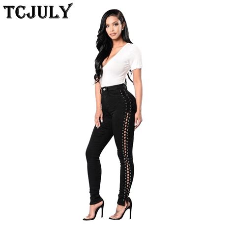Tcjuly Stylish Hollow Out Criss Cross Ties Up Black Jeans With High Waist Stretch Push Up Skinny