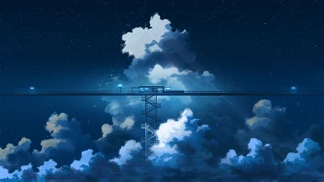 Train Station Anime Landscape Fantasy Clouds Scenic Stars Clouds