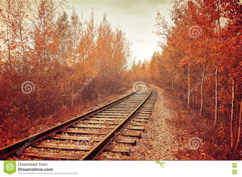Railway Receding Into The Distance Industrial Autumn Landscape Stock
