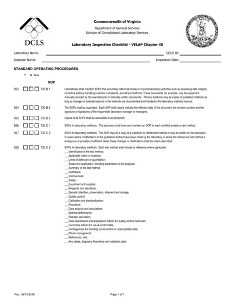 Virginia Laboratory Inspection Checklist Velap Chapter 45 Standard