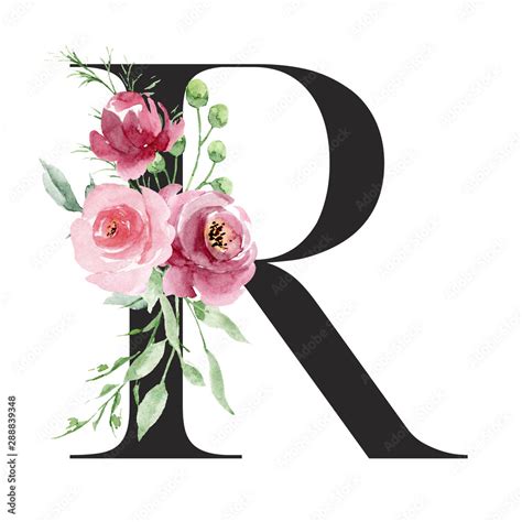 Floral Alphabet Letter R With Watercolor Flowers And Leaf Monogram