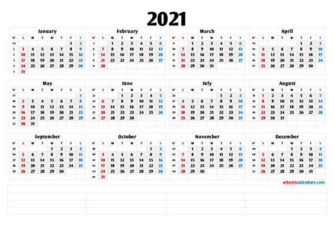 2021 Printable Yearly Calendar With Week Numbers Premium Templates