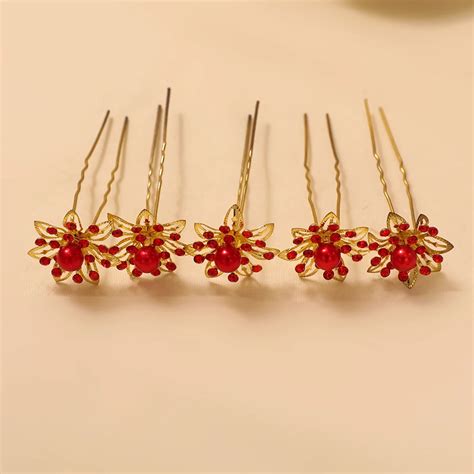 6pcs alloy flower hairpins red beaded u shape hair pin headdress girls pageant prom hairpin