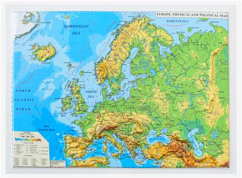 Europe Physical And Political Map 3d Projection Mercator 450x330mm