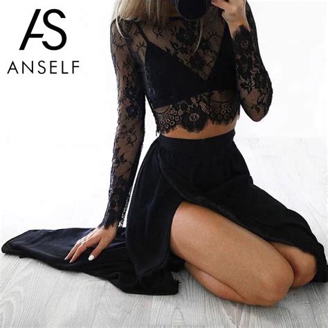 Buy Anself Sexy Lace Top Women Sheer Floral Lace Blouse O Neck Long Sleeve Mesh