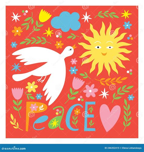 World Peace Poster Lettering Dove Of Peace Flowers Sun Stock