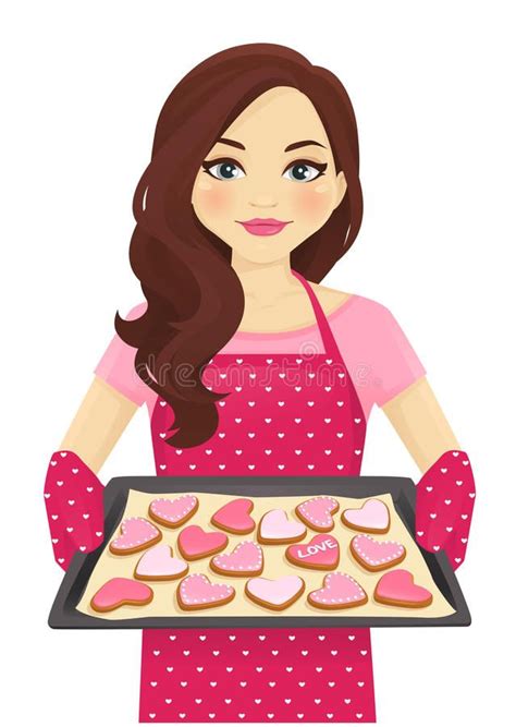 Woman Baking Heart Shape Cookies Cute Woman Holding Baking Tray With