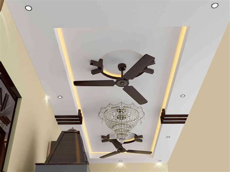 Bedroom False Ceiling Designs With Two Fans And Chandelier