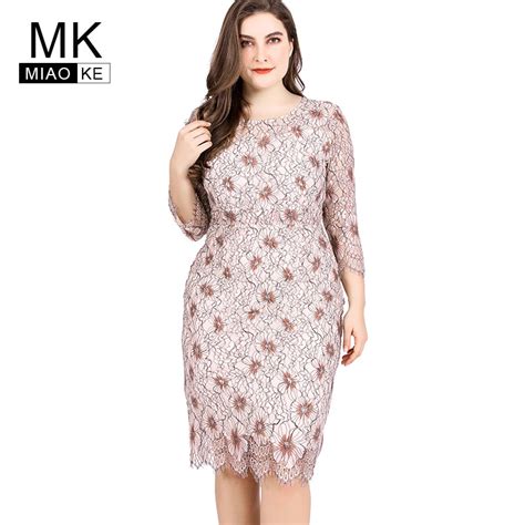 Miaoke Ladies Large Size Lace Print Sexy Dress High Quality Clothing