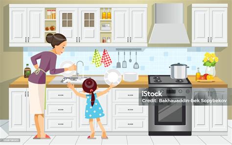 어머니와 딸이 설거지 소녀는 가족 부엌에서 설거지에서 그녀의 엄마를 도와줍니다 어머니의 날 최고의 엄마 개념 모성 육아 벡터